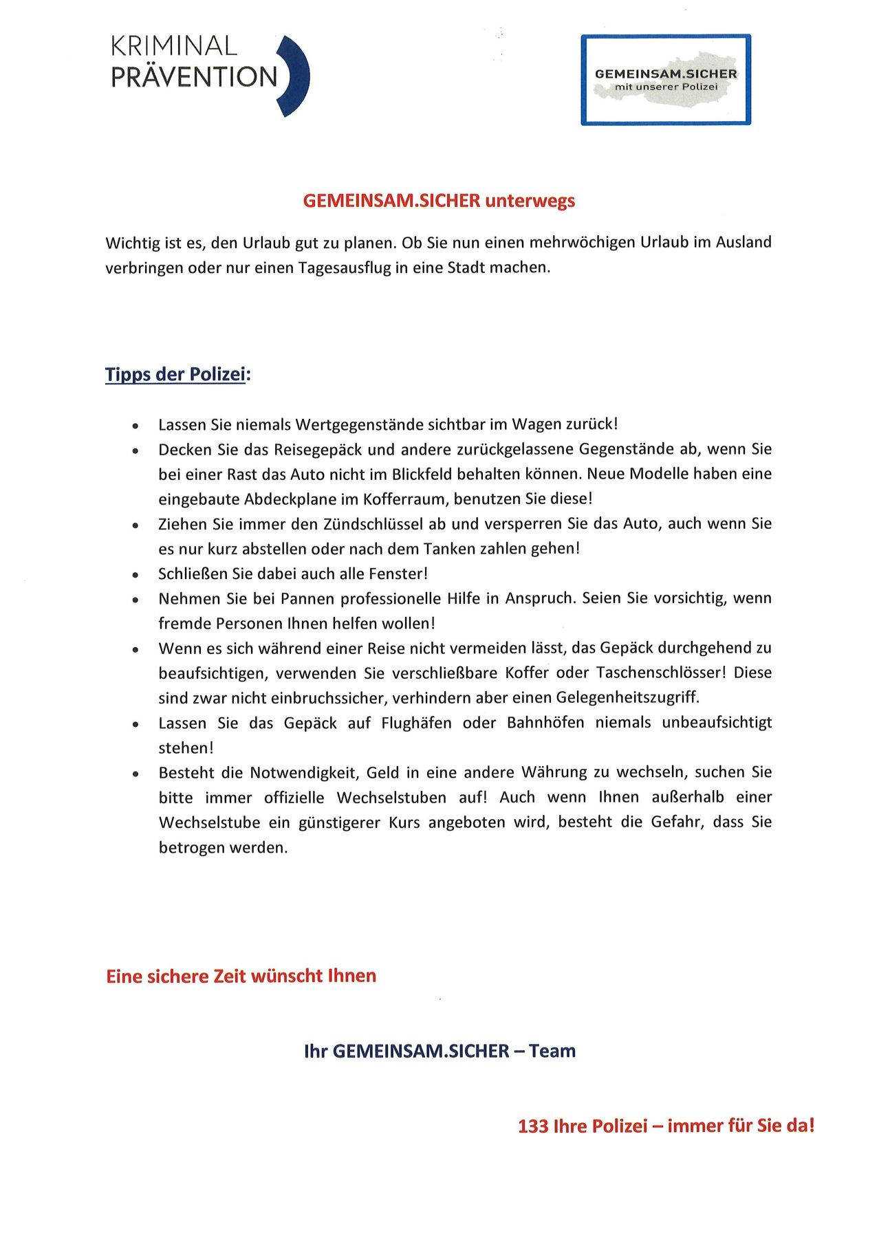 Das Bild zeigt eine Sicherheitstipp-Broschüre von der Initiative 'GEMEINSAM.SICHER'. Sie enthält Ratschläge zu verschiedenen Sicherheitsmaßnahmen für Reisende, einschließlich das Nichtlassen von Wertsachen im Auto, die Verwendung von Kofferraumabdeckungen, das Abschließen von Autos und das Wechseln von Geld an offiziellen Wechselstuben.