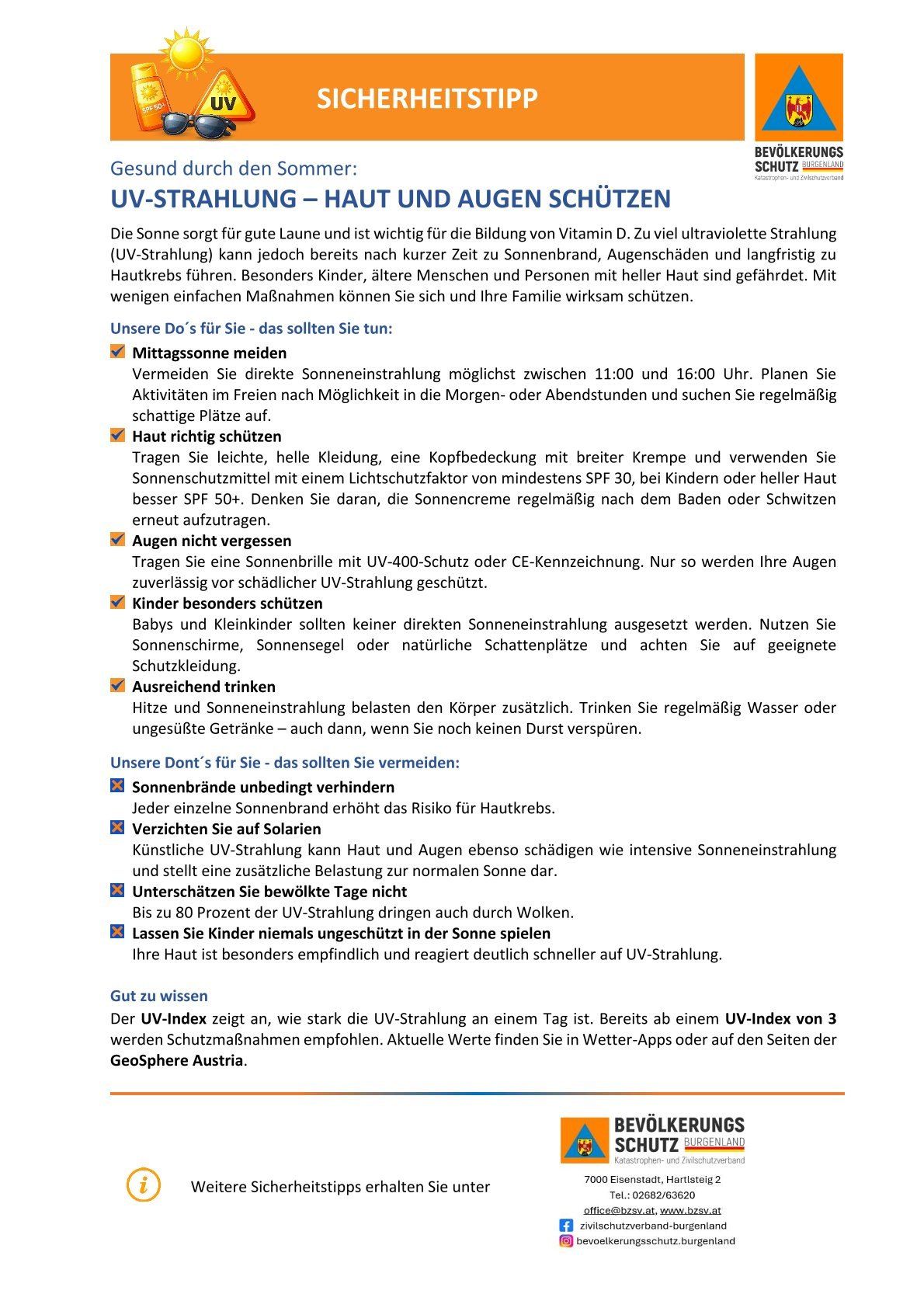 Infografik mit Tipps zum Schutz der Haut und Augen vor UV-Strahlung. Es enthält Ratschläge zum Vermeiden von Sonnenbrand, zur Verwendung von Sonnencreme und zum Tragen von Schutzkleidung. Es warnt auch vor Sonnenbädern und Solarien.