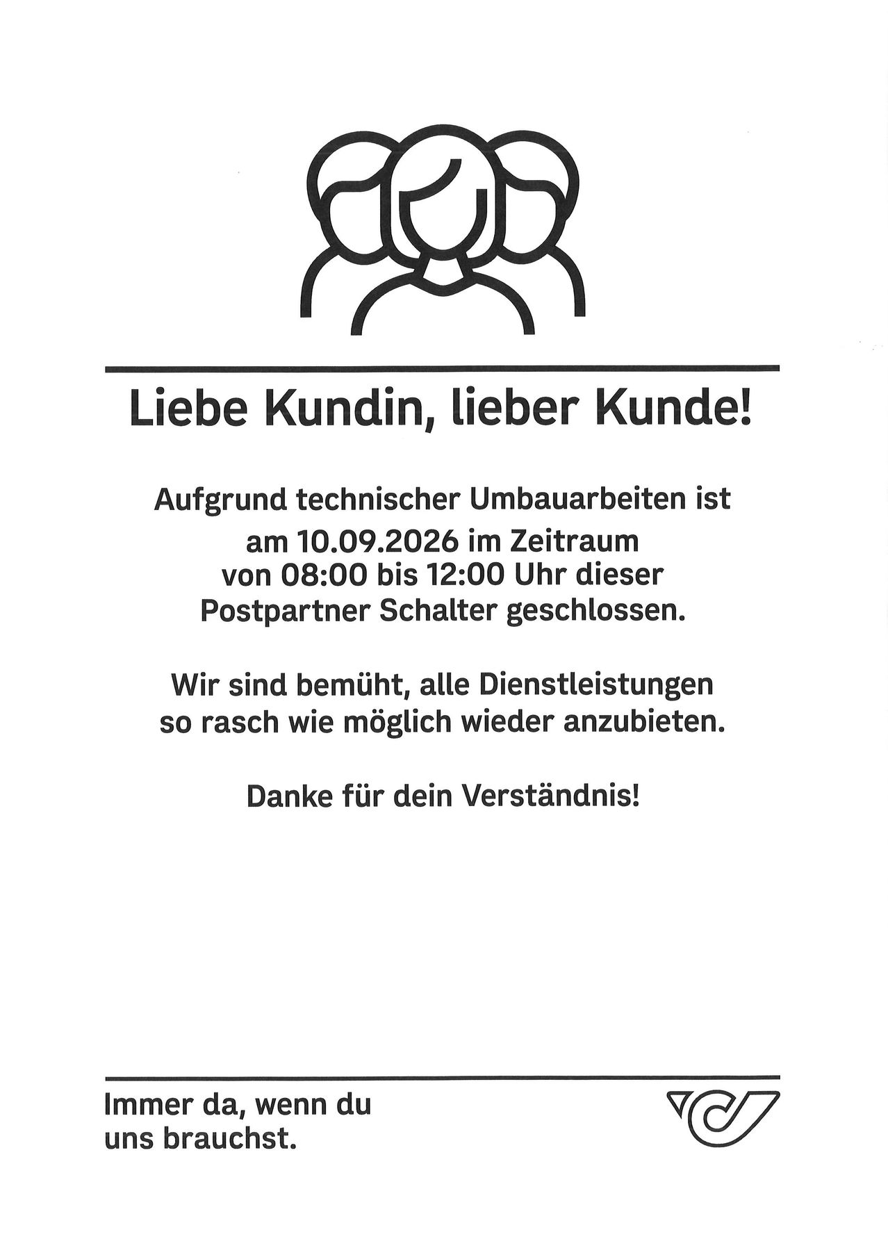 A notice informs customers about technical maintenance on September 10, 2026, from 8:00 AM to 12:00 PM, closing the post partner counter. The service is expected to resume as quickly as possible. Thank you for your understanding.