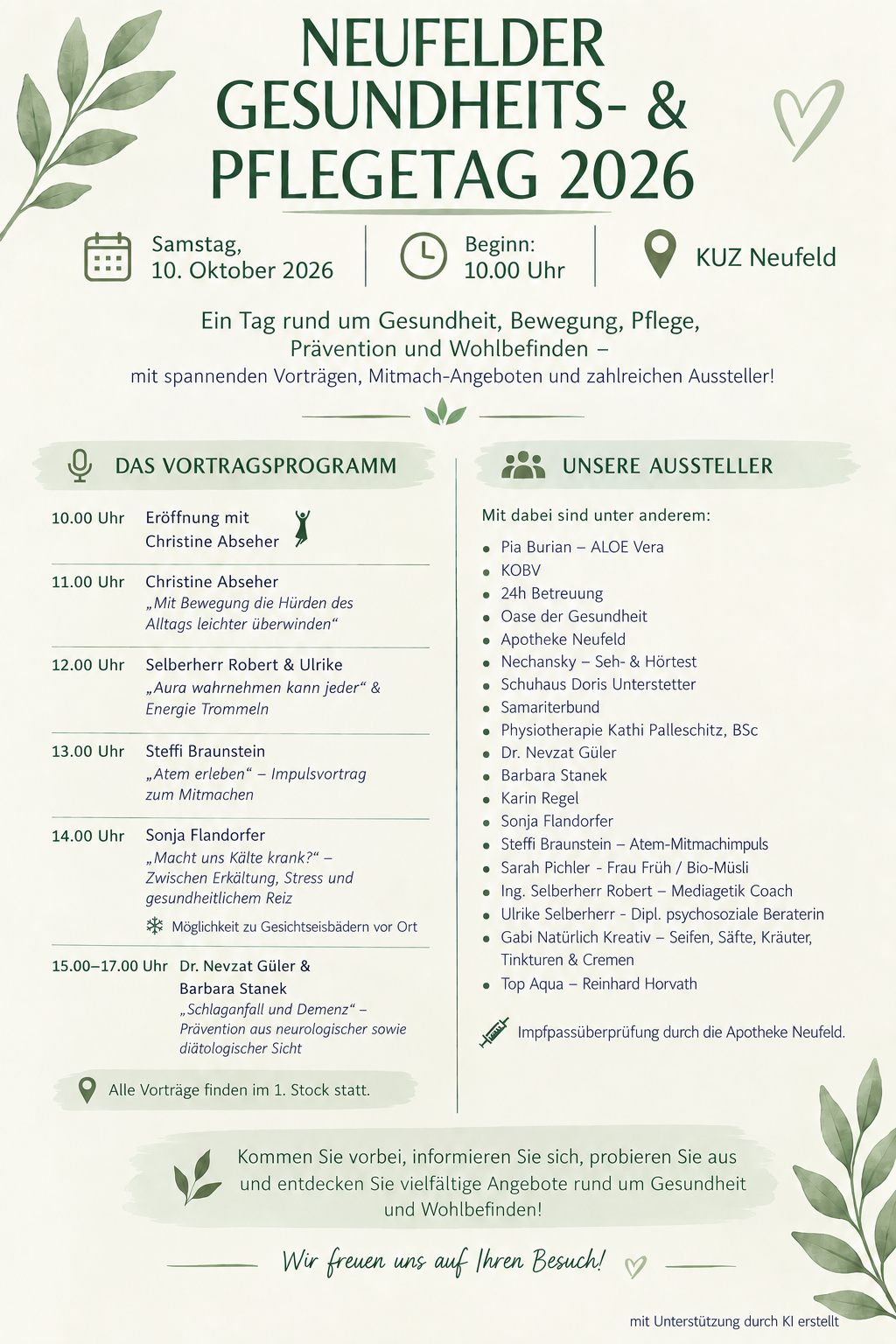 Ein Plakat für den Neufelder Gesundheits- und Pflegetag 2026 mit einem Zeitplan für Vorträge und Aussteller.
