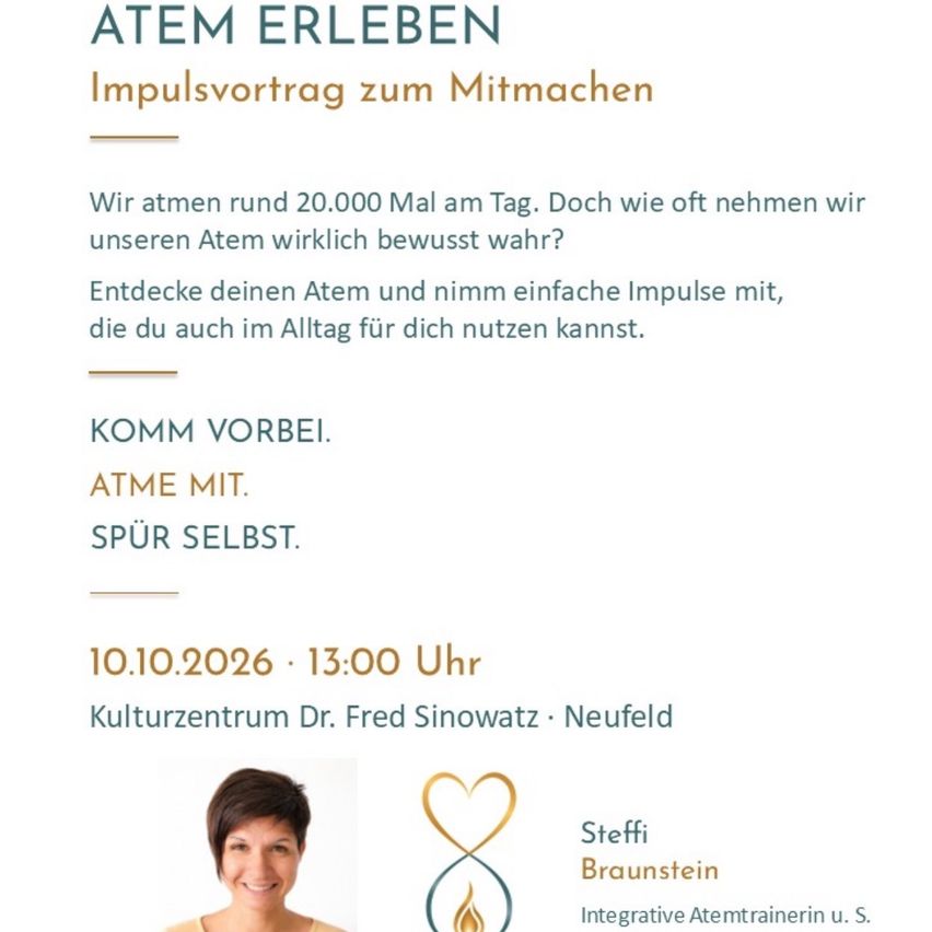 Ein Plakat für die Atem Erleben Veranstaltung, mit einem lächelnden Frau, einem Logo und Text über Datum, Zeit und Ort der Veranstaltung.