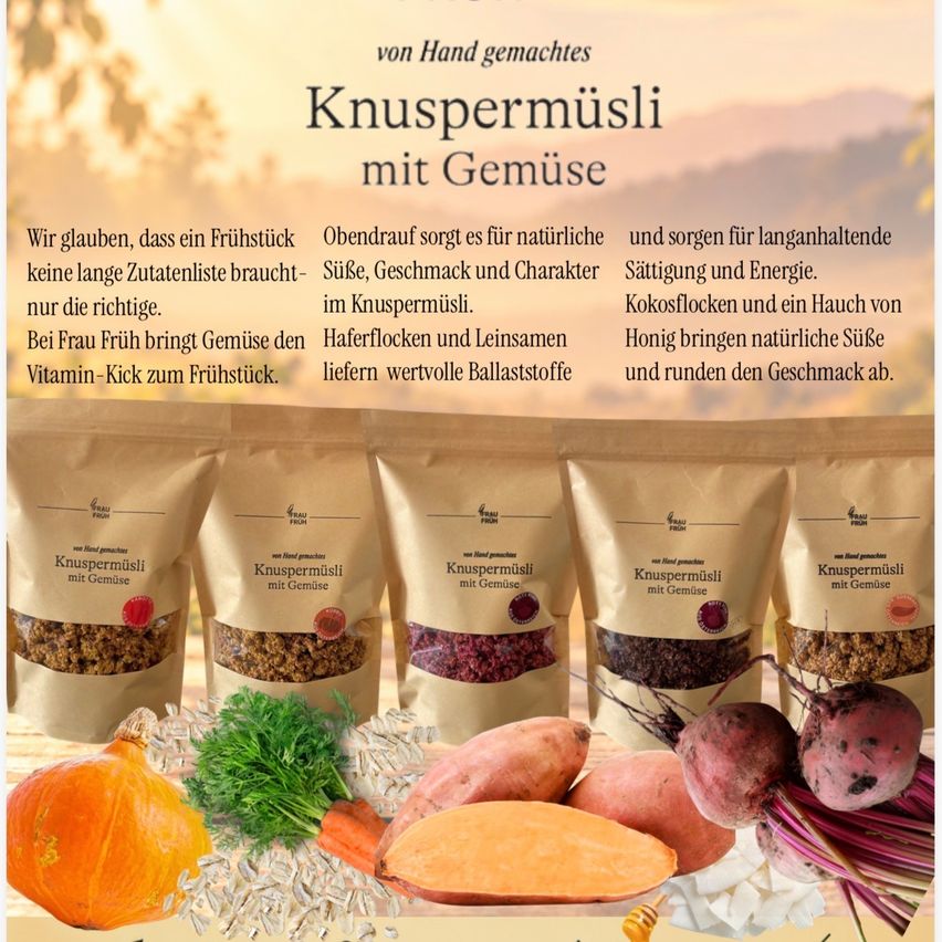 Ein Werbeposter für Frau Fruehs handgemachtes Müsli mit Gemüse. Das Poster zeigt fünf Müsli-Beutel mit verschiedenen Gemüsezutaten und einer Beschreibung der Zutaten und Vorteile des Müslis.