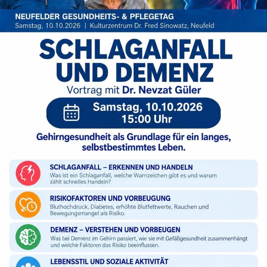 Ein Werbeplakat für eine Gesundheitsveranstaltung mit einem älteren Paar und einem Gehirndiagramm. Die Veranstaltung trägt den Titel 'Schlaganfall und Demenz' und ist für Samstag, den 10. Oktober 2026, um 15:00 Uhr geplant.