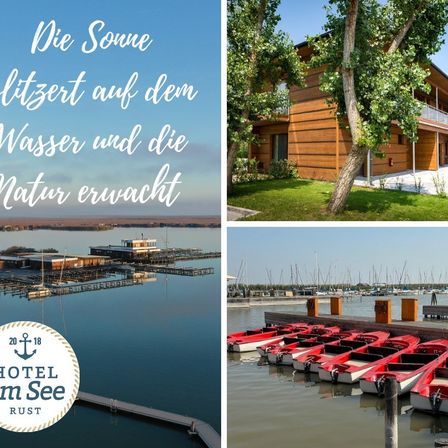 Drei Bilder zeigen ein Resort am See. Ein Bild zeigt ein Gebäude mit Balkonen, das zweite Bild zeigt einen Steg mit roten Booten und das dritte Bild zeigt eine Marina mit vielen Segelbooten.