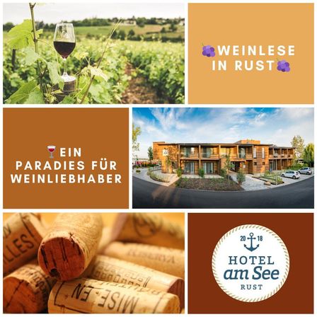 Eine Collage mit Weinbergszenen, einem Weinglas und Weinkorken. Es zeigt ein Weingut und ein Hotel namens 'Hotel am See Rust' mit dem Slogan 'Weinlese in Rust'.