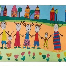 Ein Wandbild von Kindern und Familien, die Händchen halten in einer farbenfrohen Landschaft mit Häusern und Blumen. Adresse: Burggasse 329, 8181 St. Ruprecht.