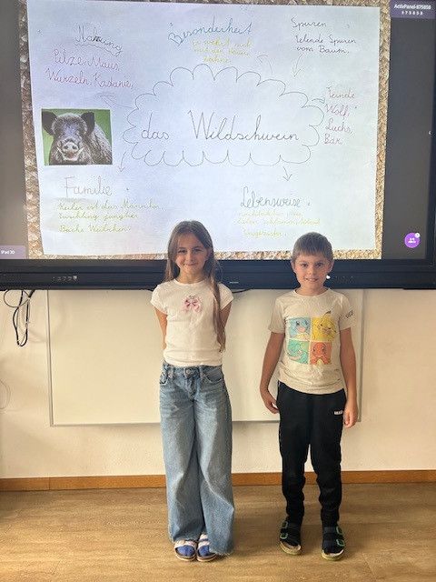 Zwei Kinder, ein Junge und ein Mädchen, stehen lächelnd vor einer Tafel mit einem Schweinediagramm und Text.