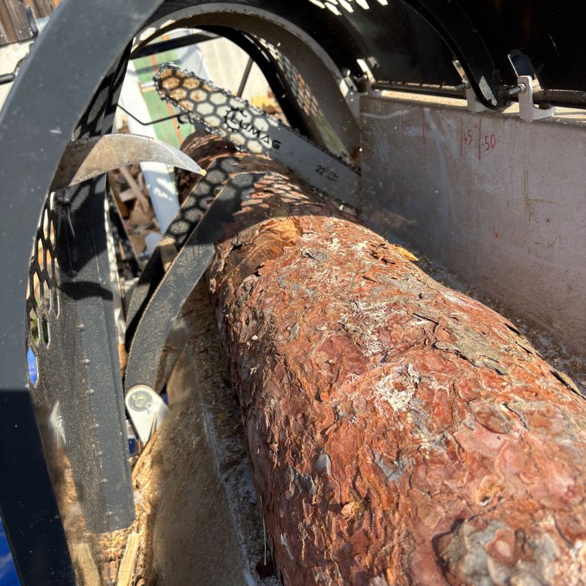 Ein Baumstamm mit rauer, verwitterter Rinde wird mit einer Kettensäge in einem Holzspalter geschnitten. Der Stamm wird von einem Metallklemmmechanismus gehalten.