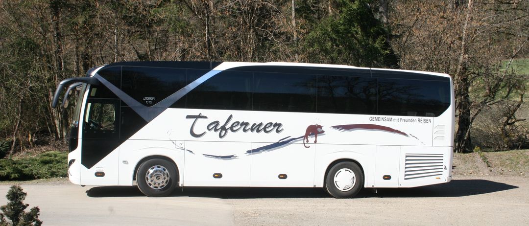 Ein weißer Bus mit schwarzem Rand und dem Wort 'Taferner' in Schwarz auf der Seite ist vor einem Wald geparkt.