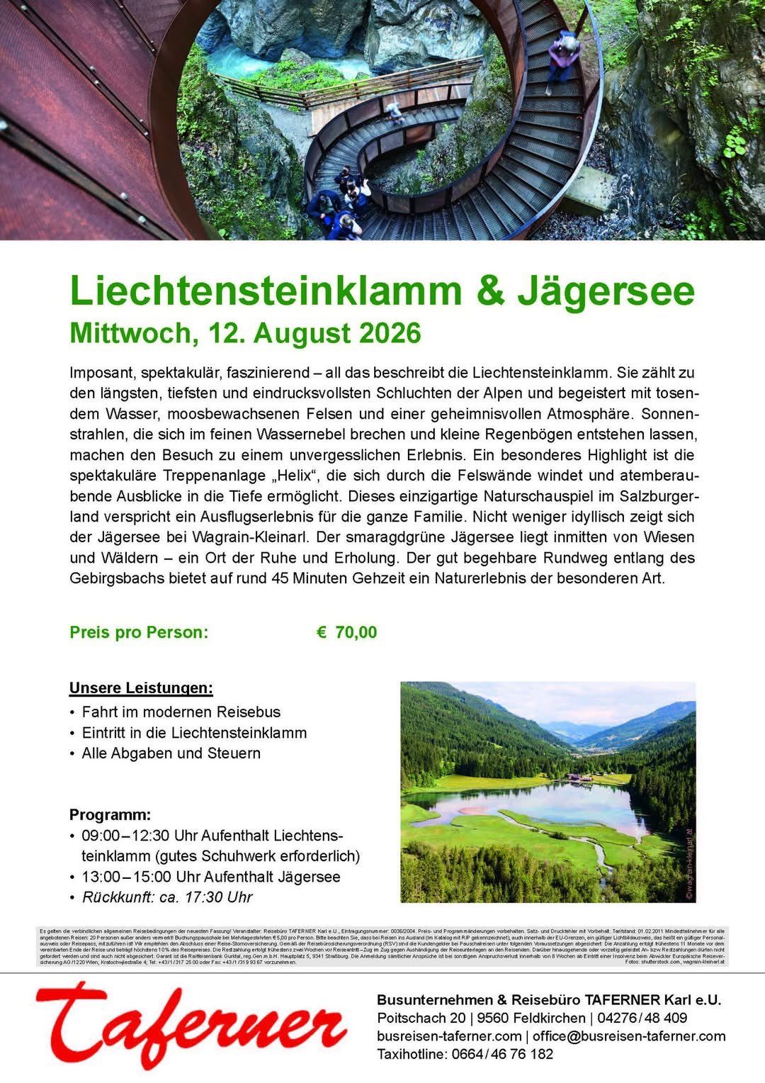 A flyer for a tour of Liechtensteinklamm and Jägersee on August 12, 2026. It features a scenic image of a lake and mountains, with text about the tour's highlights, including the Helix spiral walkway and the Jägersee lake.