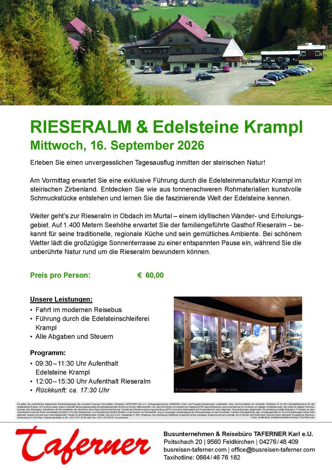 Veranstaltungsflyer für eine geführte Tour durch die Riegeralm und Edelsteine Krampl am 16. September 2026. Der Flyer zeigt ein malerisches Bild einer Bergstraße mit geparkten Autos und üppiger Vegetation. Er verspricht einen unvergesslichen Tagesausflug inmitten der steirischen Natur, mit einer morgendlichen Führung durch die Edelsteine-Fabrik und einer nachmittäglichen Wanderung in der idyllischen Riegeralm.