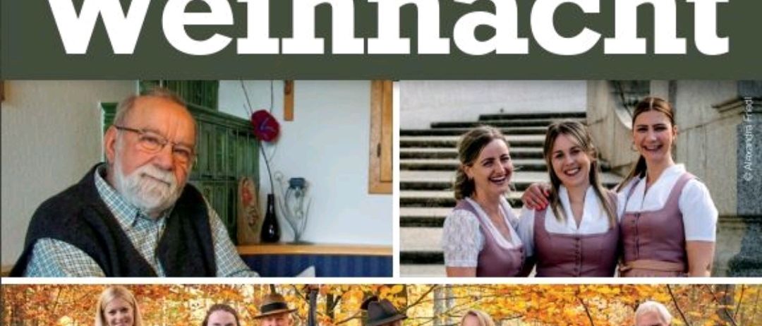 Plakat für Inviertler Weihnachtsveranstaltung. Zeigt drei Fotos von lächelnden Menschen in traditioneller Kleidung, einem Mann und einer Gruppe, die Musikinstrumente spielt. Veranstaltungsdatum: 14. Dezember 2025.