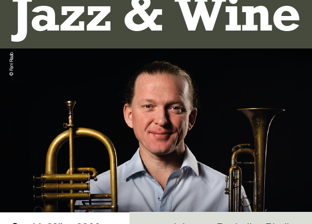 Plakat für eine Jazz- und Wein-Veranstaltung. Es zeigt einen Mann mit Trompete und Posaune, und die Veranstaltung ist für Samstag, den 14. März 2026, um 19:30 Uhr geplant.