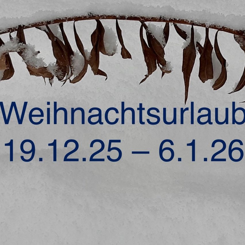 Verschneite Szene mit einem mit Schnee bedeckten Zweig, der den Text 'Weihnachtsurlaub 19.12.25 - 6.1.26' anzeigt. Der Hintergrund ist weiß mit sichtbarem Schnee.