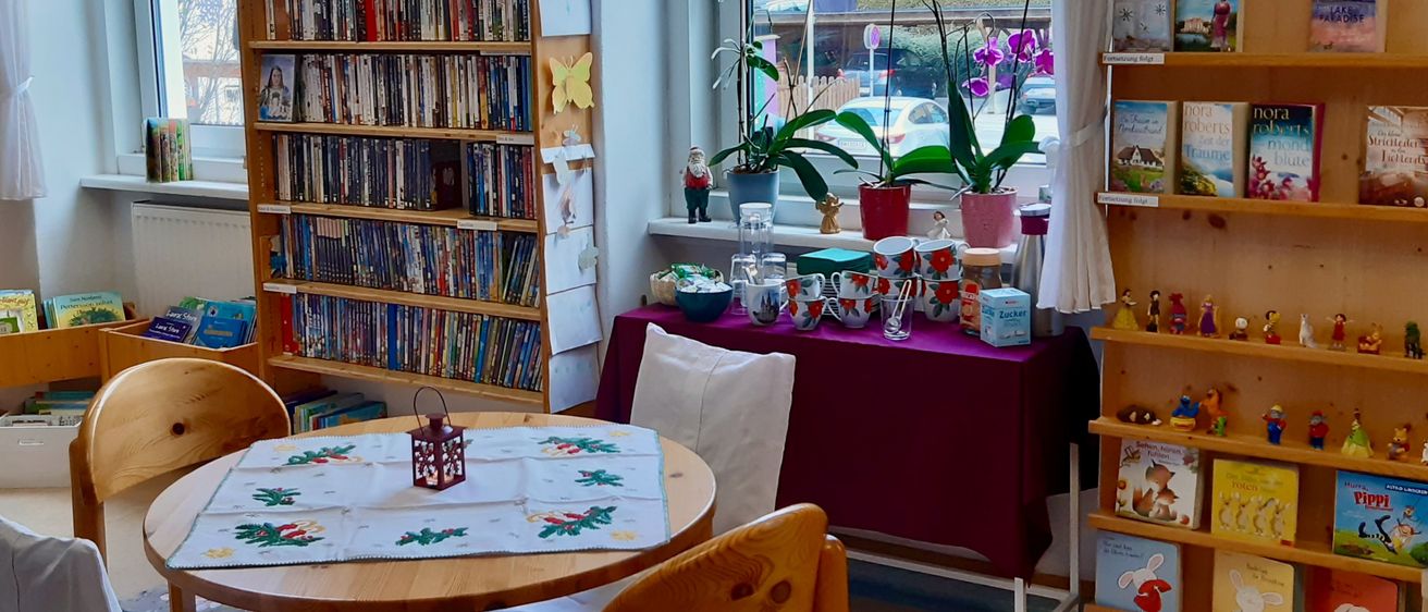 Ein gemütlicher Raum mit einem Holzregal voller DVDs, einem Tisch mit festlicher Tischdecke und einem Fenster mit Topfpflanzen und Blick auf ein Auto.