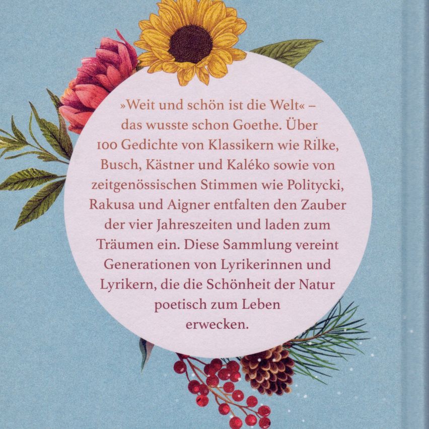 Ein kreisförmiger Text über einem Blumenhintergrund mit einer Sonnenblume und roten Blumen. Es steht: 'Fern und schön ist die Welt, wusste schon Goethe.' Der Text ist in deutscher Sprache.