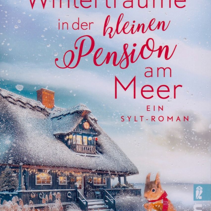 A winter dream in a small pension by the sea, featuring a house with a snow-covered roof and lights, a squirrel in a scarf, and a backdrop of snowy scenery.