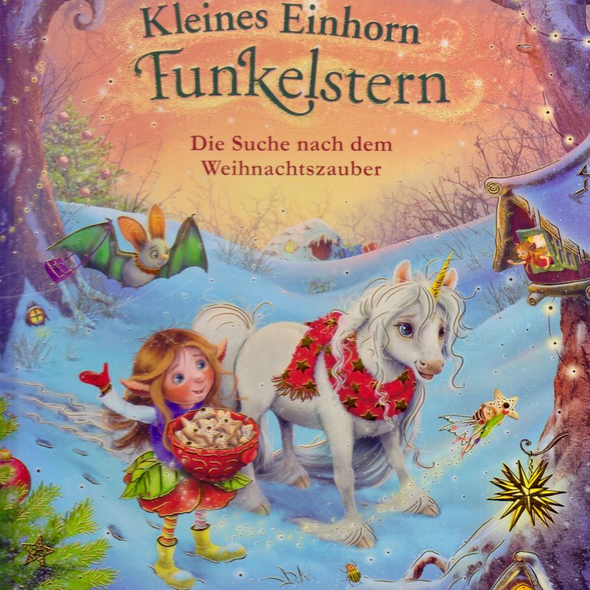 Ein Buchcover zeigt ein Mädchen, das eine Schüssel mit Keksen und ein Einhorn hält, mit einem Weihnachtsbaum und einem Haus im Hintergrund, und eine Fledermaus fliegt in der Nähe.