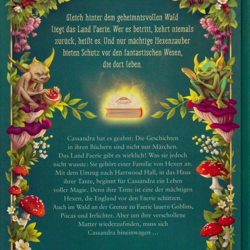 Das Bild zeigt ein Buchcover mit einem Fantasy-Thema, das einen grünen Hintergrund mit magischen Elementen wie leuchtenden Pilzen und Blumen zeigt. Der Text auf dem Cover ist in Deutsch und handelt von dem magischen Land Faerie und der Rolle mächtiger Hexen.