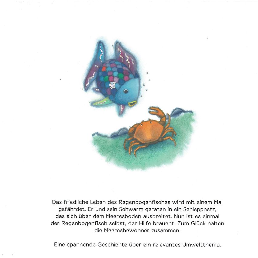 Eine Illustration zeigt einen leuchtenden Regenbogenfisch und einen Krabben in einer Unterwasserszene. Der Fisch schwimmt über der Krabbe und deutet auf eine verspielte oder neugierige Interaktion hin. Die Szene spielt in einer farbenfrohen, wässrigen Umgebung.