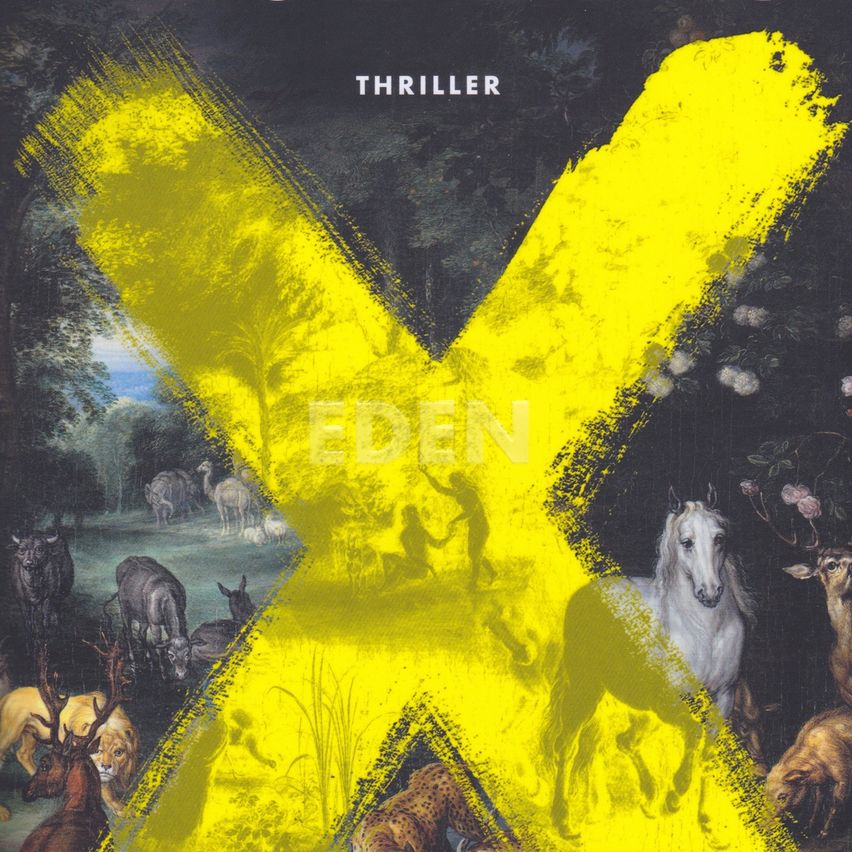 A yellow 'X' on a dark background with the word 'Eden' written in white. The image has animals like lions, horses, and deer.