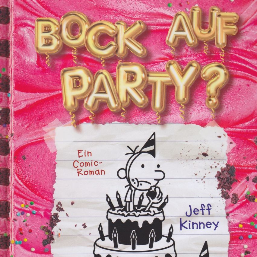 Book cover for 'Bock auf Party?' by Jeff Kinney, featuring a birthday cake with candles and a character in a party hat, surrounded by gold balloons and a pink background.