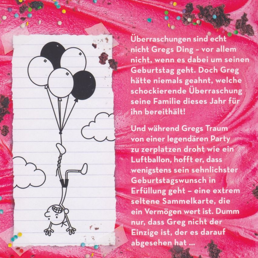 A cartoon of a boy hanging from a bunch of balloons on a pink background with confetti. The text discusses a birthday surprise for Greg, who hopes his wish for a rare collectible card comes true.