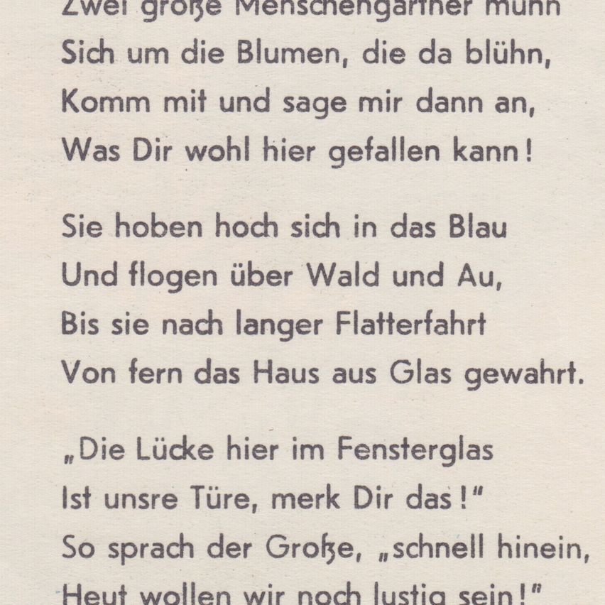 A poem written in German, describing two large human-like figures observing flowers, flying over forests and fields, and guarding a glass house from afar. The poem mentions a door in the window glass.
