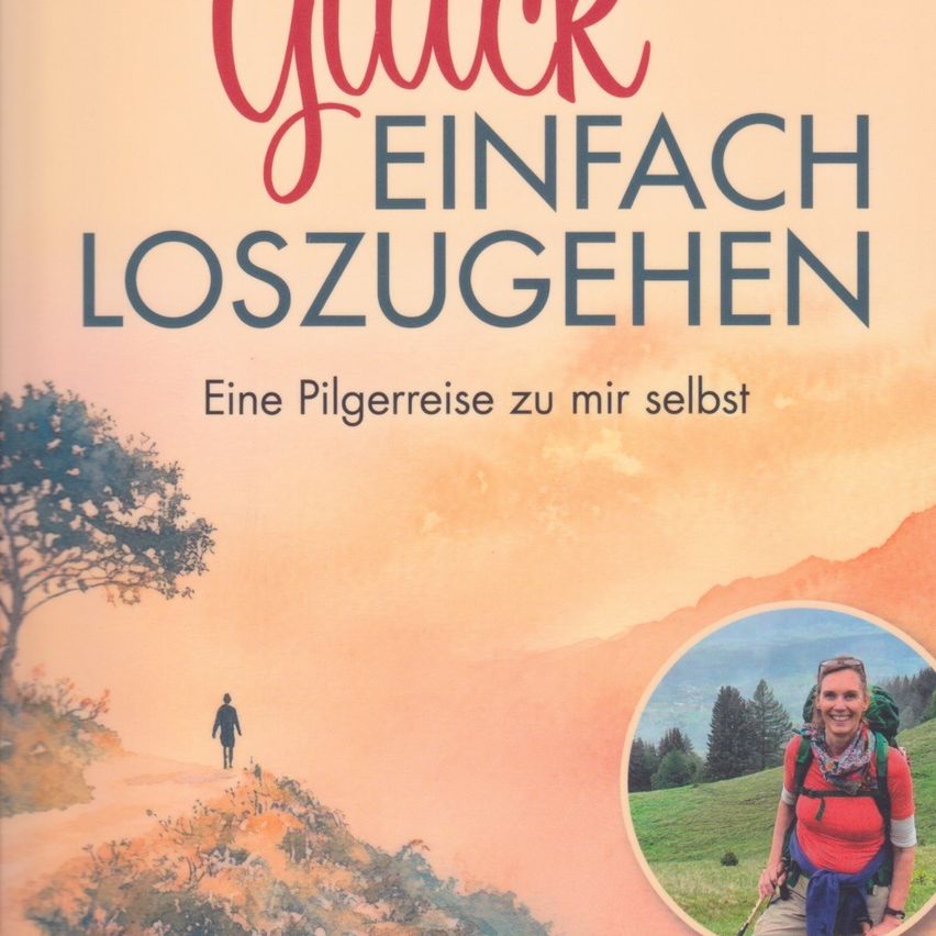 The cover of a book titled 'Yuck Einfach Loszugehen' features a hiker and a landscape. The hiker is walking on a trail with a view of mountains. The title is written in blue and red.
