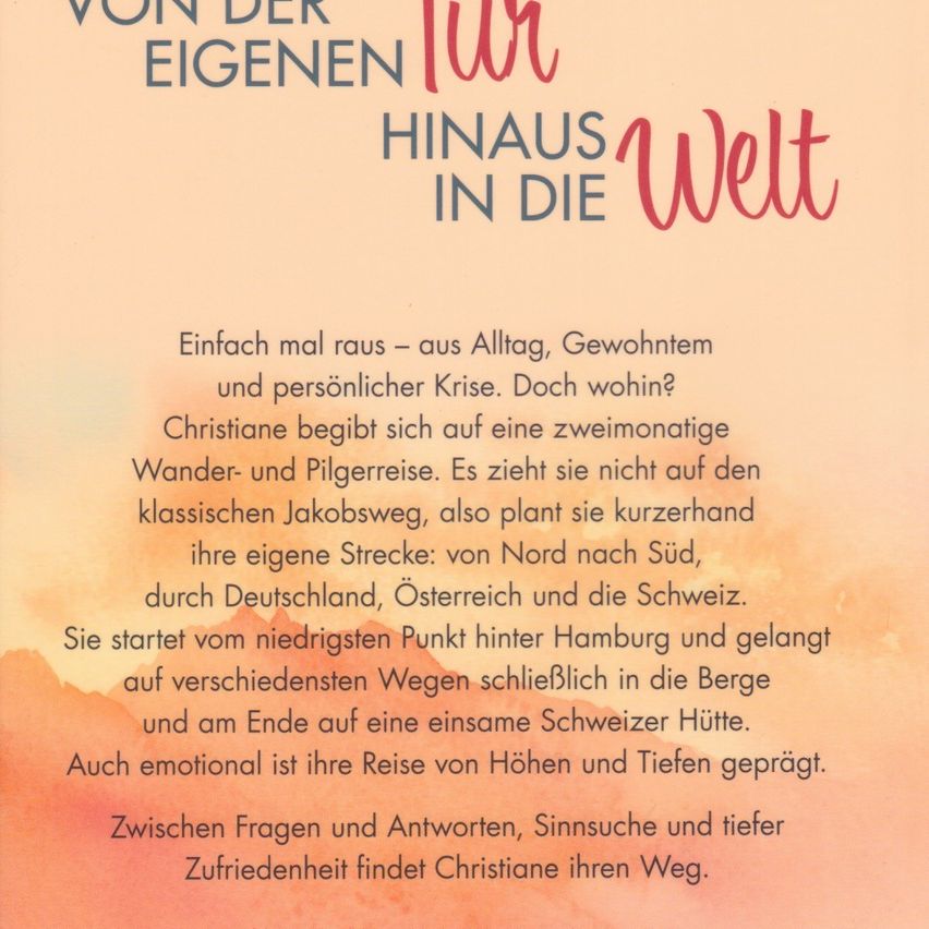 From her own place, out into the world. Christiane embarks on a two-month walking and pilgrimage. Starting from Hamburg, she travels through Germany, Austria, and Switzerland. Emotionally charged, her journey leads her from lows to a solitary Swiss hut.