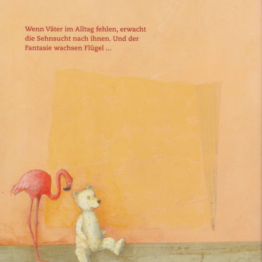 A flamingo and a teddy bear are looking at each other. The wall behind them has a quote in German. The wall is beige.
