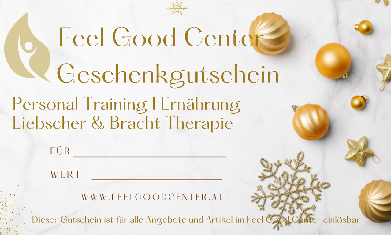 Goldene Schneeflocke auf weißem Hintergrund mit Text 'Feel Good Center Geschenkgutschein Training | Ernährung er & Bracht Therapie'. Besuchen Sie www.feelgoodcenter.at. Geschenkgutschein gültig für alle Angebote und Artikel.