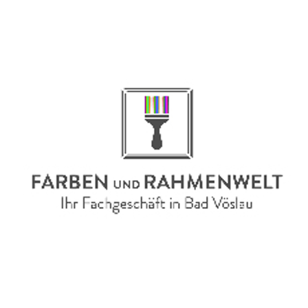 Ein Logo für Farben und Rahmenwelt, ein Malergeschäft in Bad Vöslau. Das Logo zeigt einen quadratischen Rahmen mit einem farbenfrohen Pinsel.