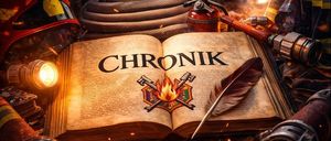 Ein offenes Buch mit dem Wort Chronik darauf. Das Buch ist von Feuerwehrausrüstung wie Helm, Feder und Feuerlöscher umgeben. Im Hintergrund steht ein Feuerwehrmann.