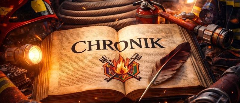 Ein offenes Buch mit dem Wort Chronik darauf. Das Buch ist von Feuerwehrausrüstung wie Helm, Feder und Feuerlöscher umgeben. Im Hintergrund steht ein Feuerwehrmann.