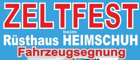 Ein Plakat für die Heimschuh Fahrzeugausstellung im Rusthaus Heimschuh am 18. Juli um 19:00 Uhr und am 19. Juli um 08:00 Uhr. Es zeigt einen roten Feuerwehrwagen mit dem Text "FEUERWEHR HEIMSCHUH". Der Eintritt kostet 10 Euro für Erwachsene und 12 Euro für Erwachsene mit Kindern.