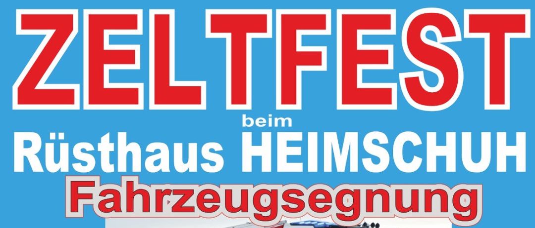 Ein Plakat für die Heimschuh Fahrzeugausstellung im Rusthaus Heimschuh am 18. Juli um 19:00 Uhr und am 19. Juli um 08:00 Uhr. Es zeigt einen roten Feuerwehrwagen mit dem Text "FEUERWEHR HEIMSCHUH". Der Eintritt kostet 10 Euro für Erwachsene und 12 Euro für Erwachsene mit Kindern.