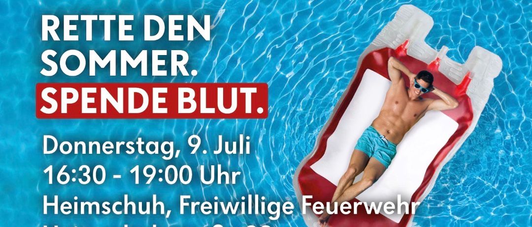 Werbung für eine Veranstaltung mit einem Mann auf einem Schwimmflügel im Pool. Datum und Uhrzeit der Veranstaltung sind der 9. Juli um 19:00 Uhr. Der Ort ist Freiwillige Feuerwehr Schuh, Freiwillige-Feuerwehr-Straße 29.