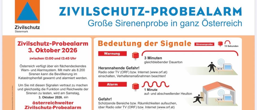 Plakat für eine Zivilschutz-Sirenenprobe in Österreich am 12. Oktober 2026 um 12:00 und 12:45 Uhr. Es erklärt die Bedeutung der Signale und was während der Probe zu tun ist.