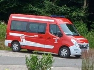 Ein roter Rettungswagen mit weißen Streifen ist am Straßenrand geparkt, mit Grünpflanzen und Bäumen im Hintergrund.