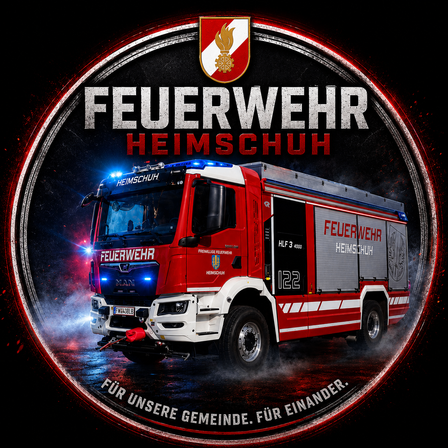 Ein roter Feuerwehrwagen mit eingeschalteten Lichtern, beschriftet mit 'Feuerwehr Heimschuh', fährt auf einer nassen Straße, umgeben von einem Kreis mit demselben Text und dem Gemeindemotto.