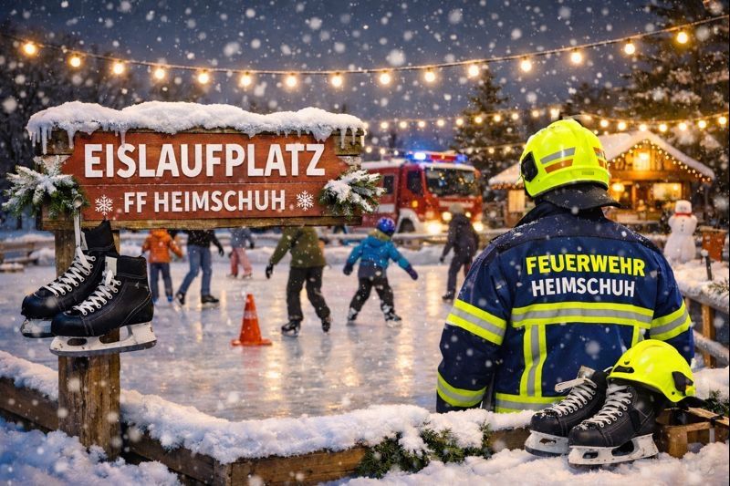 Ein Feuerwehrmann bewacht eine Eisbahn mit Schlittschuhläufern. Die Eisbahn heißt Eislaufplatz FF Heimschuh.