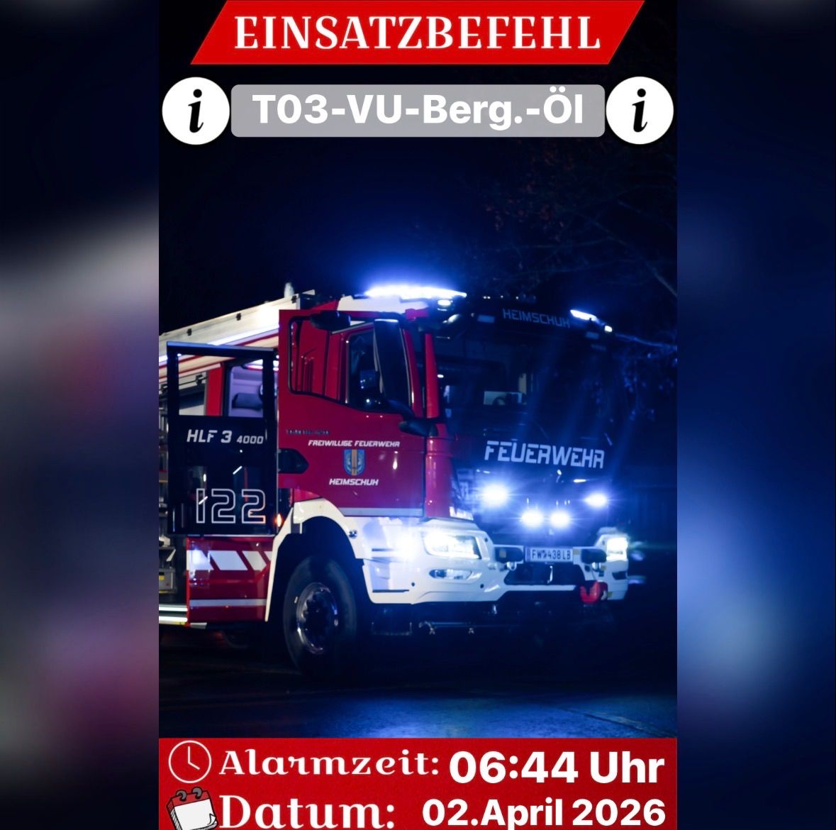 Ein Feuerwehrfahrzeug mit eingeschalteten Warnlichtern ist geparkt, gekennzeichnet mit HLF 3 4000 und 122. Die Alarmzeit ist 6:44 Uhr, und das Datum ist 2. April 2026.