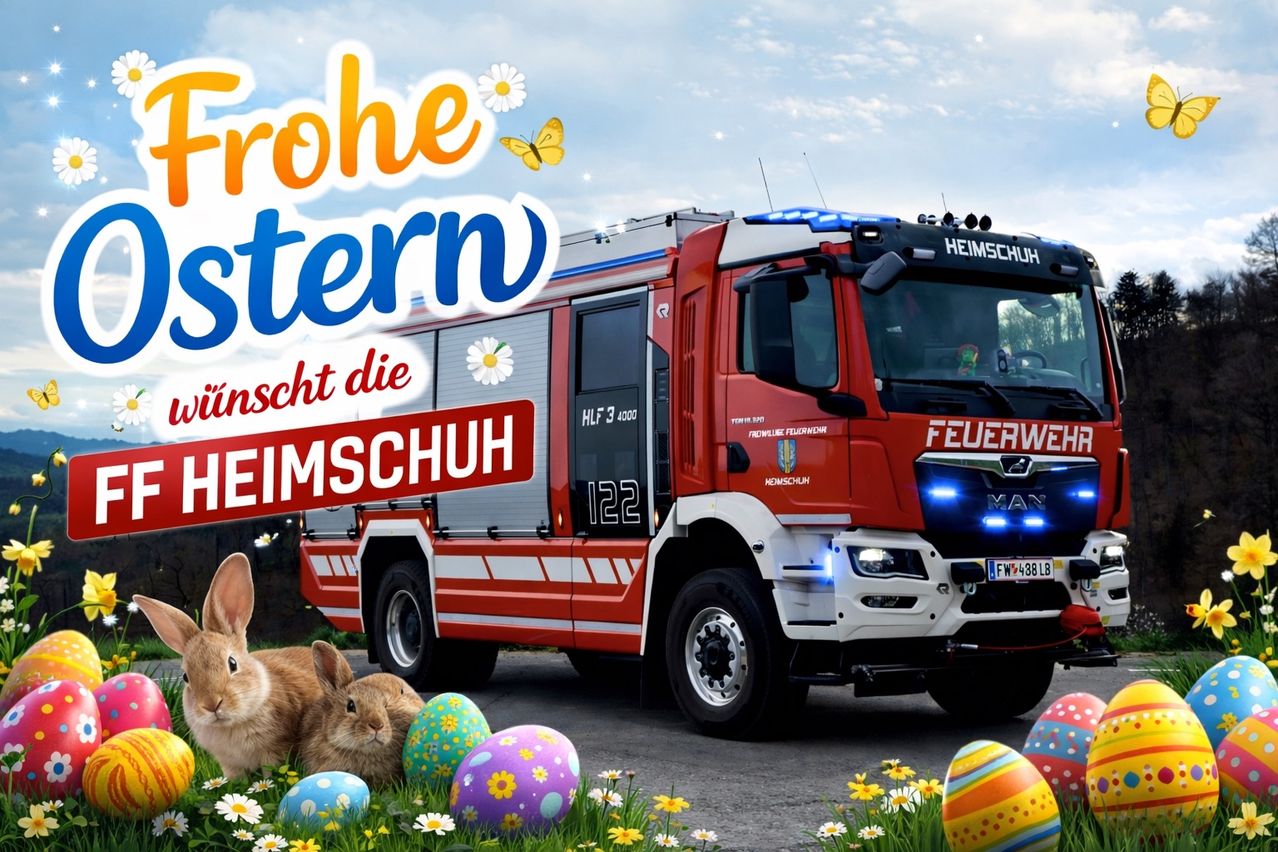 Ein roter Feuerwehrwagen steht vor einer Gruppe Ostereier. Der Text sagt 'frohe Ostern'. Daneben stehen zwei Kaninchen.