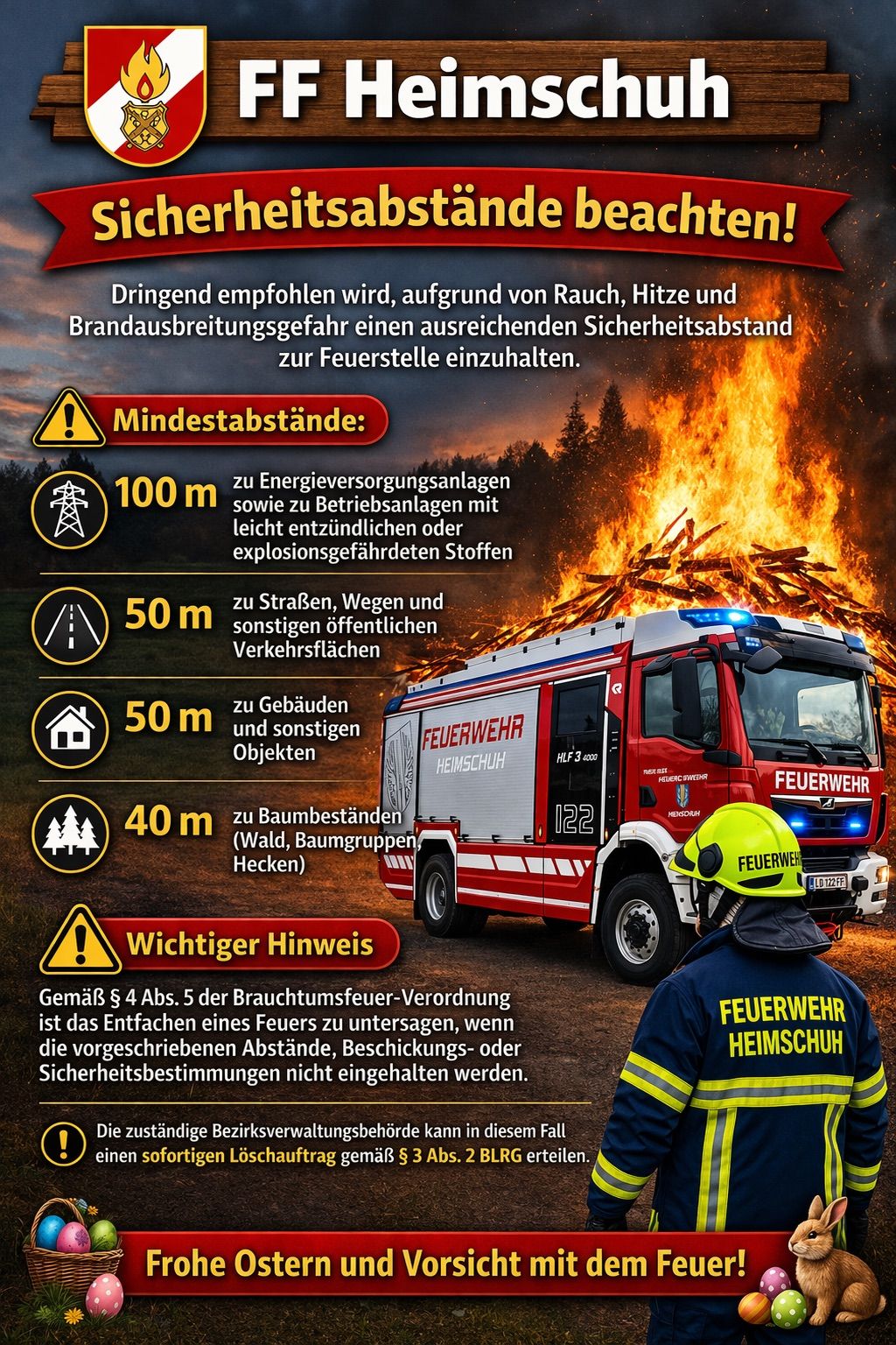 Infografik zu Brandsicherheitsabständen. Betont die Einhaltung sicherer Abstände zu Feuern aufgrund von Rauch, Hitze und Brandausbreitungsgefahr. Gibt Abstände für Energieversorgungsleitungen, Straßen, Gebäude und Bäume an. Ein Feuerwehrmann ist vor einem Feuerwehrwagen abgebildet.