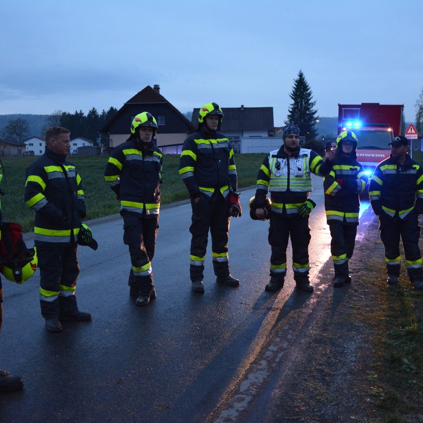 Fünf Feuerwehrleute stehen auf einer Straße, tragen reflektierende Anzüge und Helme, möglicherweise im Dienst. Hinter ihnen steht ein roter Feuerwehrwagen mit eingeschalteten Lichtern. In der Ferne sind Häuser und Bäume zu sehen.