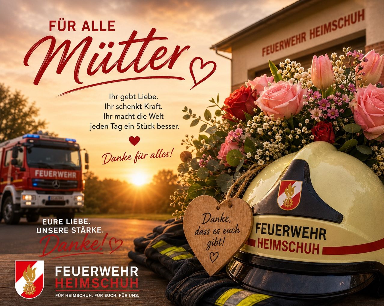 Ein Feuerwehrauto mit Blumen, einem Herz und einem Helm. Das Schild sagt 'Feuerwehr' und 'Für alle'. Darunter steht 'Danke für alles'.