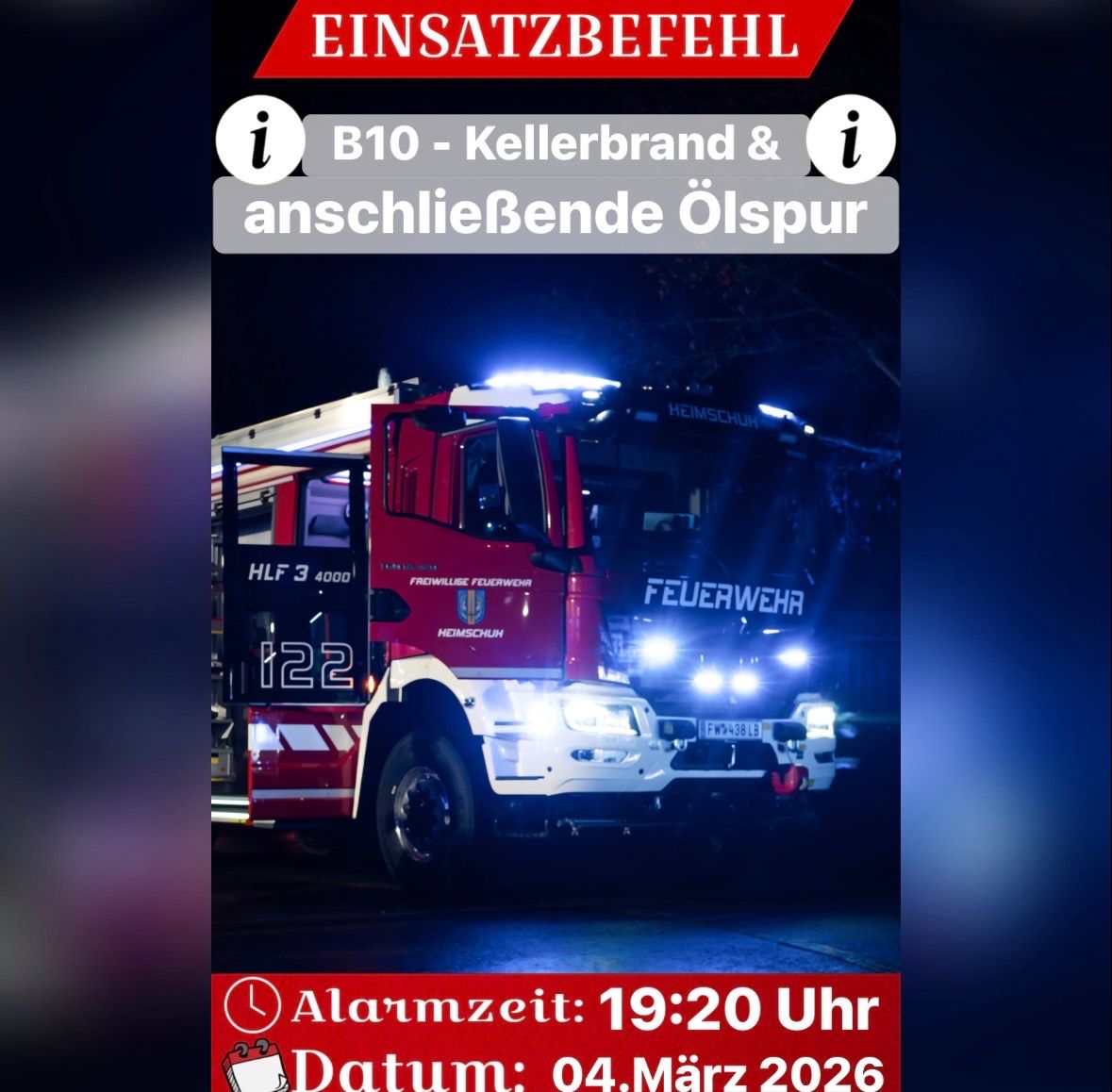 Feuerwehrwagen mit der Nummer 122 von Heimschuh und OLSPUR ist am 04. März 2026 um 19:20 Uhr im Einsatz. Der Standort ist B10-Kellerbrand und angrenzende Bereiche.