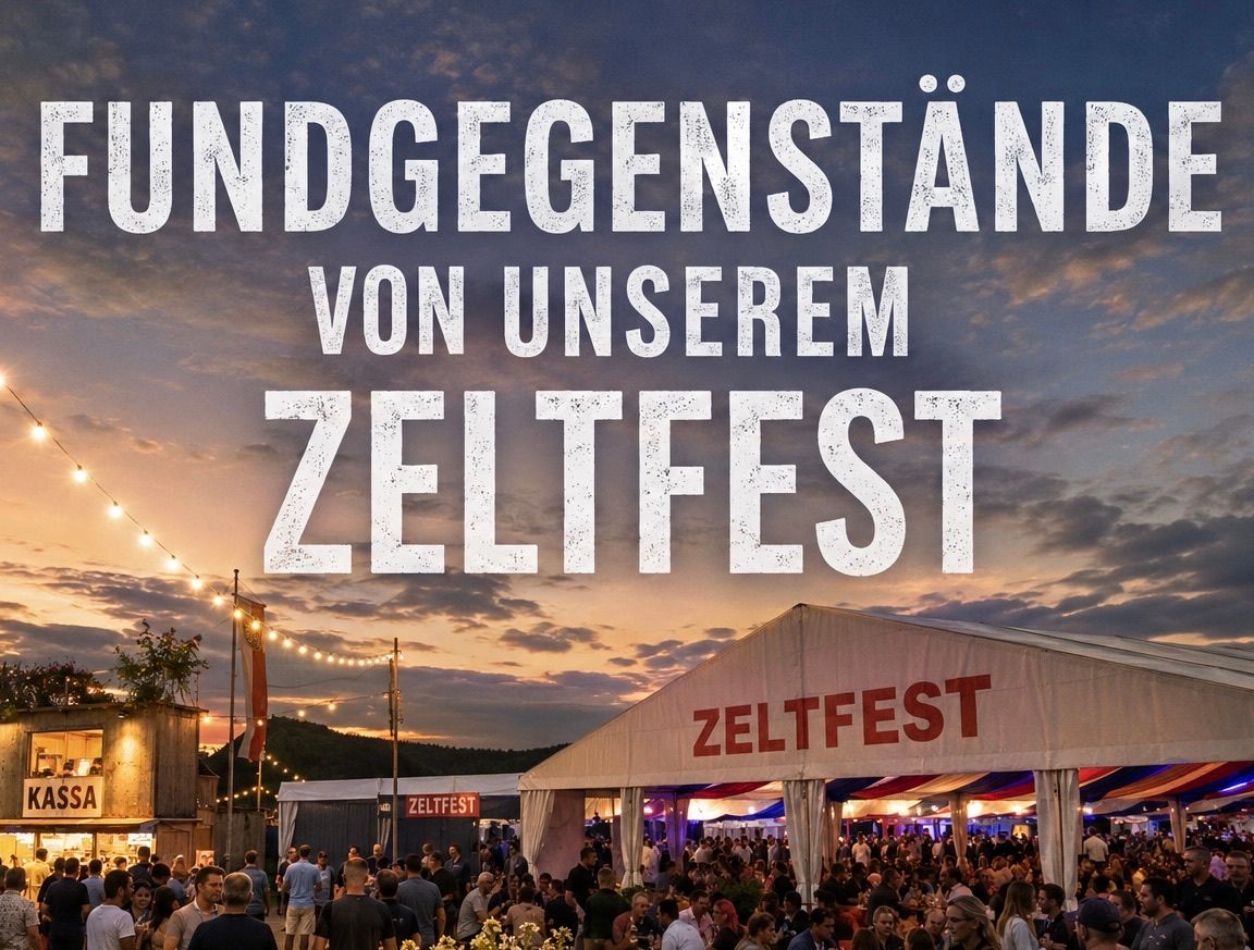 Eine Menschenmenge versammelt sich unter einem Zelt mit den Worten 'Undgegenstand von unserem Zeltfest' in großen weißen Buchstaben auf einem blauen Himmelshintergrund.