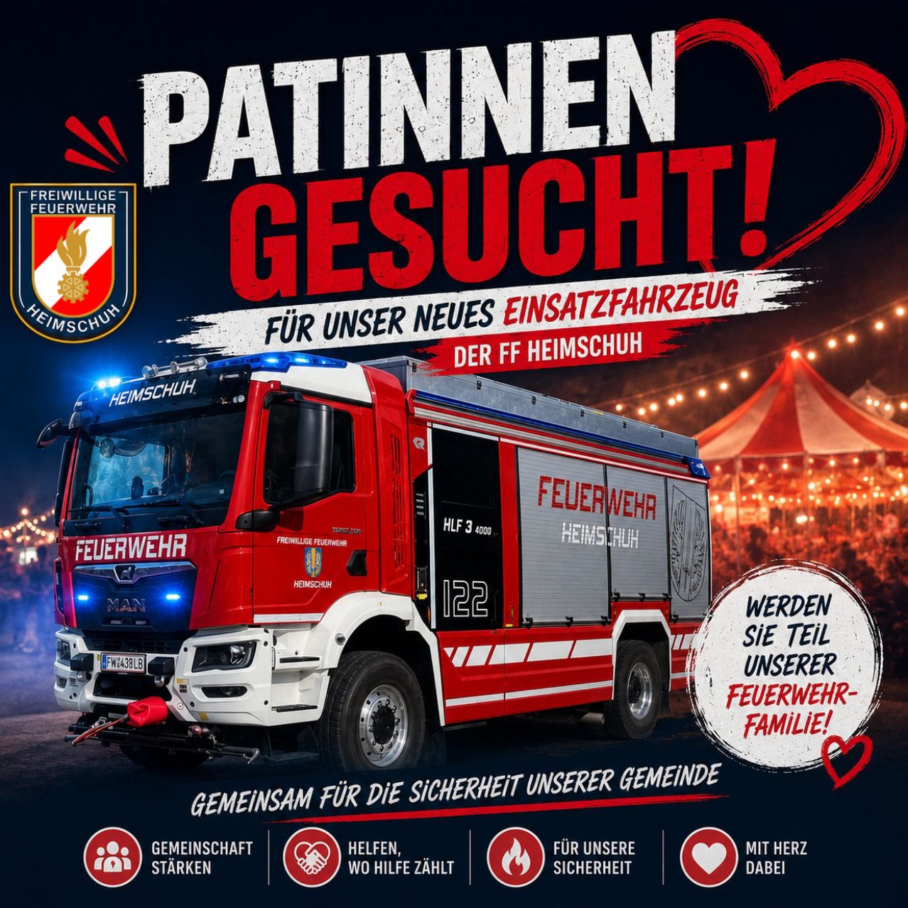 Ein Plakat, das neue Paten für einen Feuerwehrwagen in Heimschuh sucht, zeigt einen roten Feuerwehrwagen mit der Nummer 122.